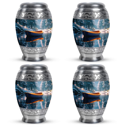 Mystic Teal Boat Cremation Urn urn with complimentary velvet bag - majestic boat pattern with filigree border - 10 inch aluminum urn for cremated remains