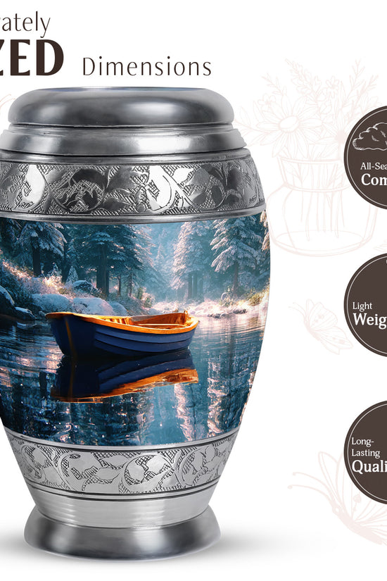 Mystic Teal Boat Cremation Urn lifestyle display on memorial shelf - majestic boat pattern with filigree border - mini keepsake memorial for portion of cremation ashes