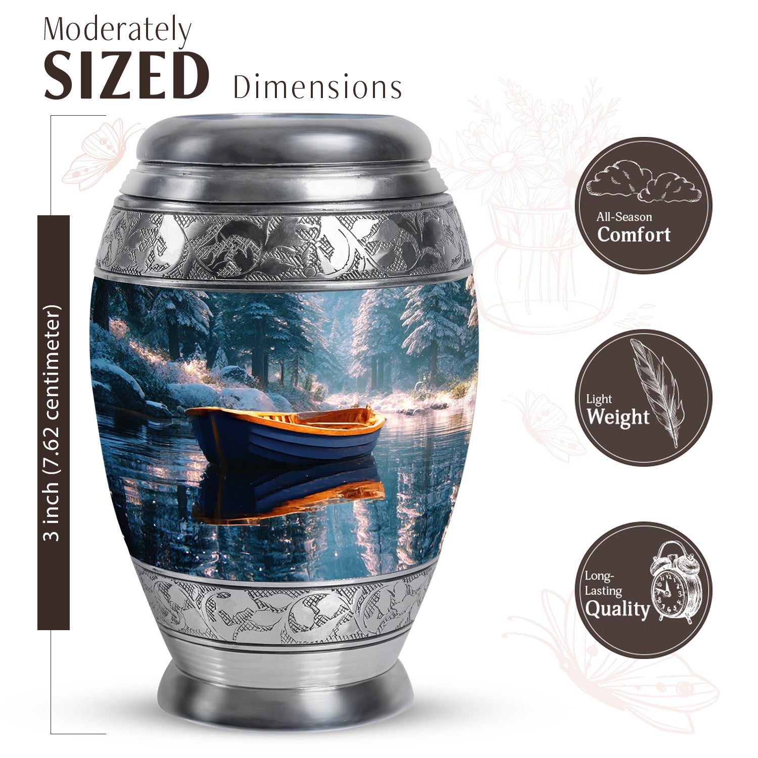 Mystic Teal Boat Cremation Urn lifestyle display on memorial shelf - majestic boat pattern with filigree border - mini keepsake memorial for portion of cremation ashes