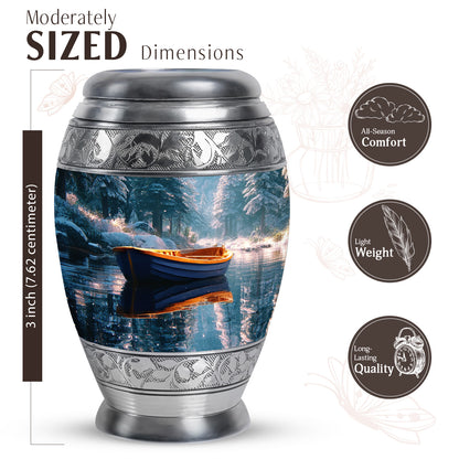 Mystic Teal Boat Cremation Urn lifestyle display on memorial shelf - majestic boat pattern with filigree border - mini keepsake memorial for portion of cremation ashes