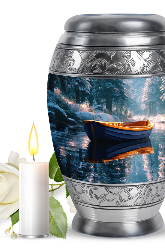 Cool Teal Boat Cremation Urn back view with polished surface - regal boat design with crown-inspired accents - full-size 10 inch 200 cubic inch adult cremation urn