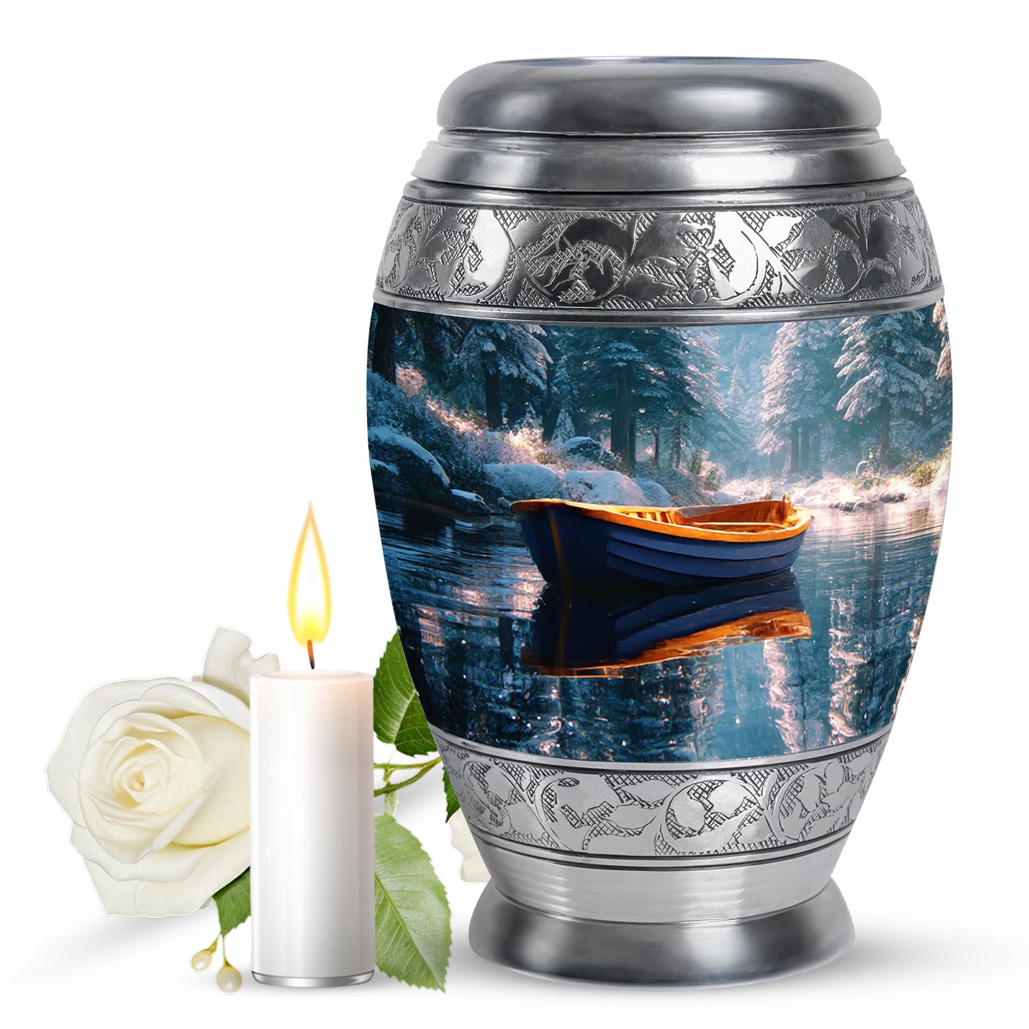 Cool Teal Boat Cremation Urn back view with polished surface - regal boat design with crown-inspired accents - full-size 10 inch 200 cubic inch adult cremation urn