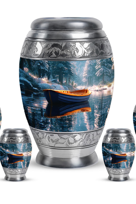 Ocean Teal Boat Cremation Urn detail view - regal boat design with crown-inspired accents - memorial set with one large and four small urns