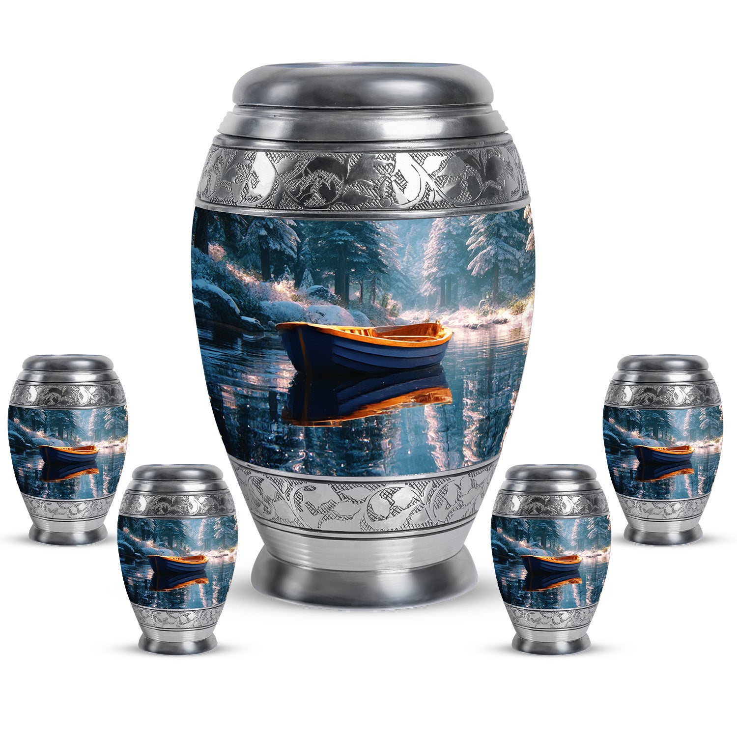 Ocean Teal Boat Cremation Urn detail view - regal boat design with crown-inspired accents - memorial set with one large and four small urns