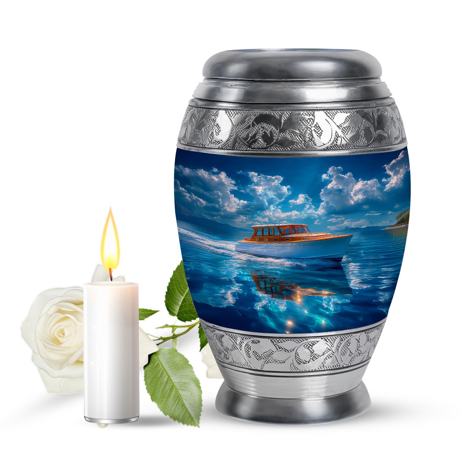 Blue Boat Cremation Urns - Opulent Legacy 10-inch, 200 cu in - Karyliz