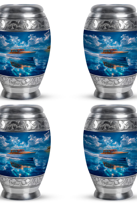Dusty Blue Boat Cremation Urn urn with complimentary velvet bag - ornate monarch-style boat relief on brushed aluminum - 10 inch aluminum urn for cremated remains