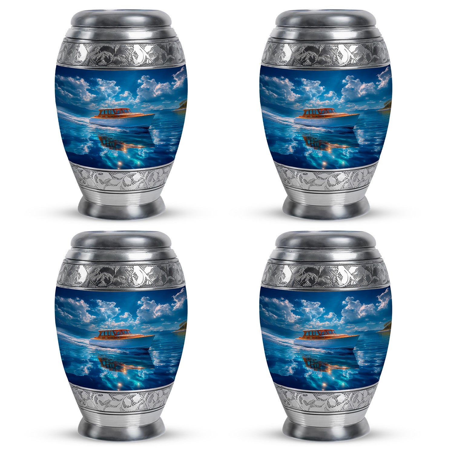 Dusty Blue Boat Cremation Urn urn with complimentary velvet bag - ornate monarch-style boat relief on brushed aluminum - 10 inch aluminum urn for cremated remains