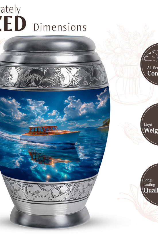 Calming Blue Boat Cremation Urn lifestyle display on memorial shelf - royal boat engraving with decorative scrollwork - mini keepsake memorial for portion of cremation ashes