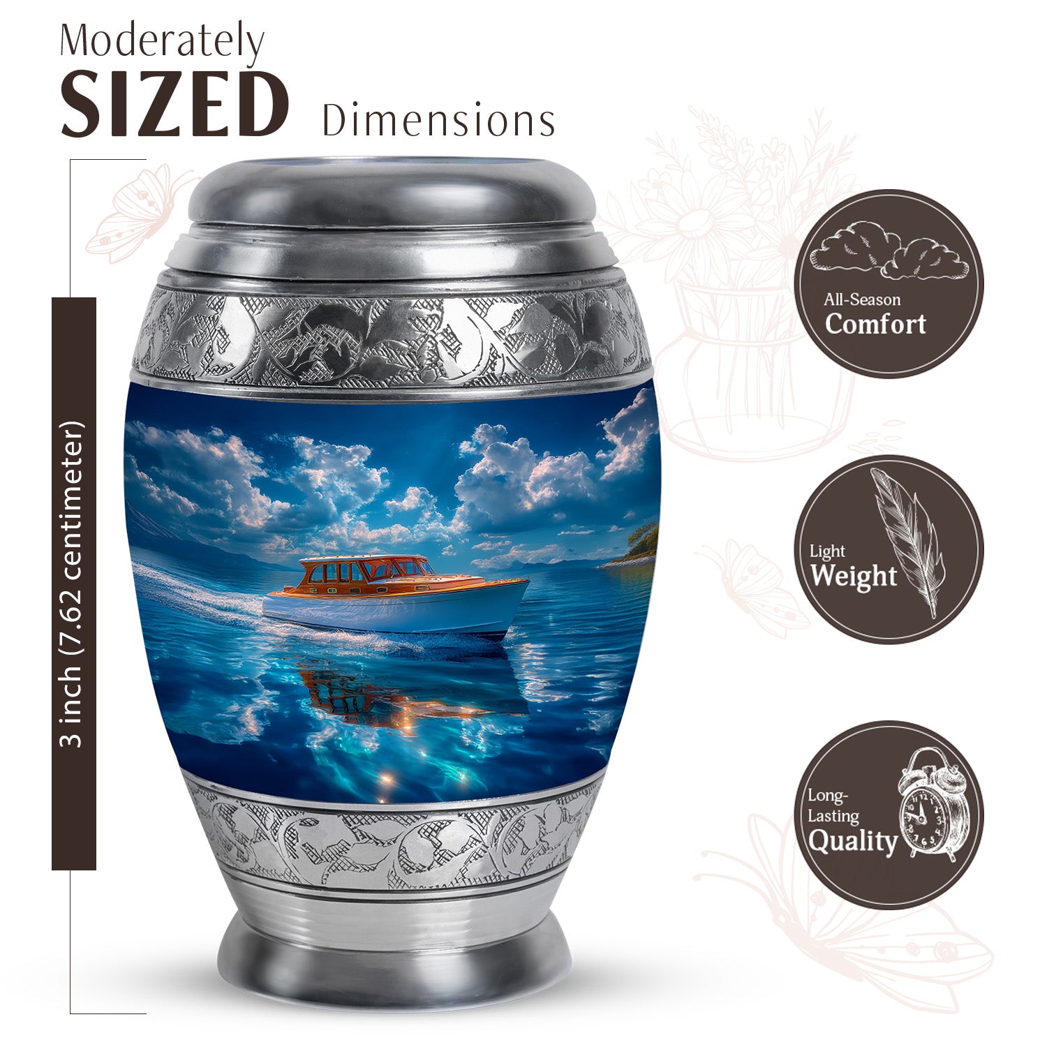 Calming Blue Boat Cremation Urn lifestyle display on memorial shelf - royal boat engraving with decorative scrollwork - mini keepsake memorial for portion of cremation ashes
