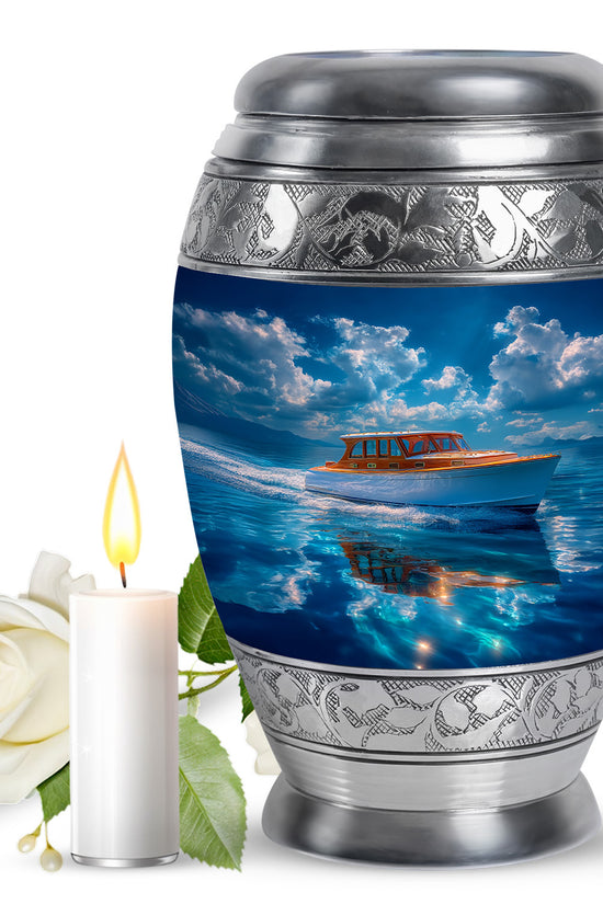 Dusty Blue Boat Cremation Urn back view with polished surface - regal boat design with crown-inspired accents - full-size 10 inch 200 cubic inch adult cremation urn
