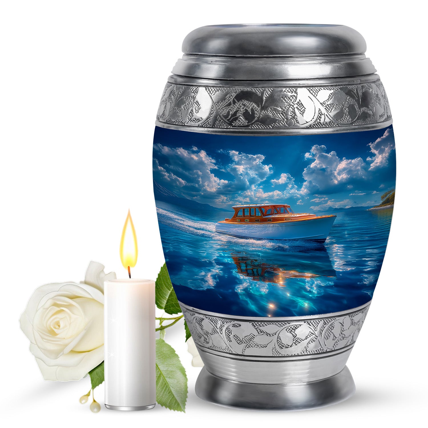 Dusty Blue Boat Cremation Urn back view with polished surface - regal boat design with crown-inspired accents - full-size 10 inch 200 cubic inch adult cremation urn
