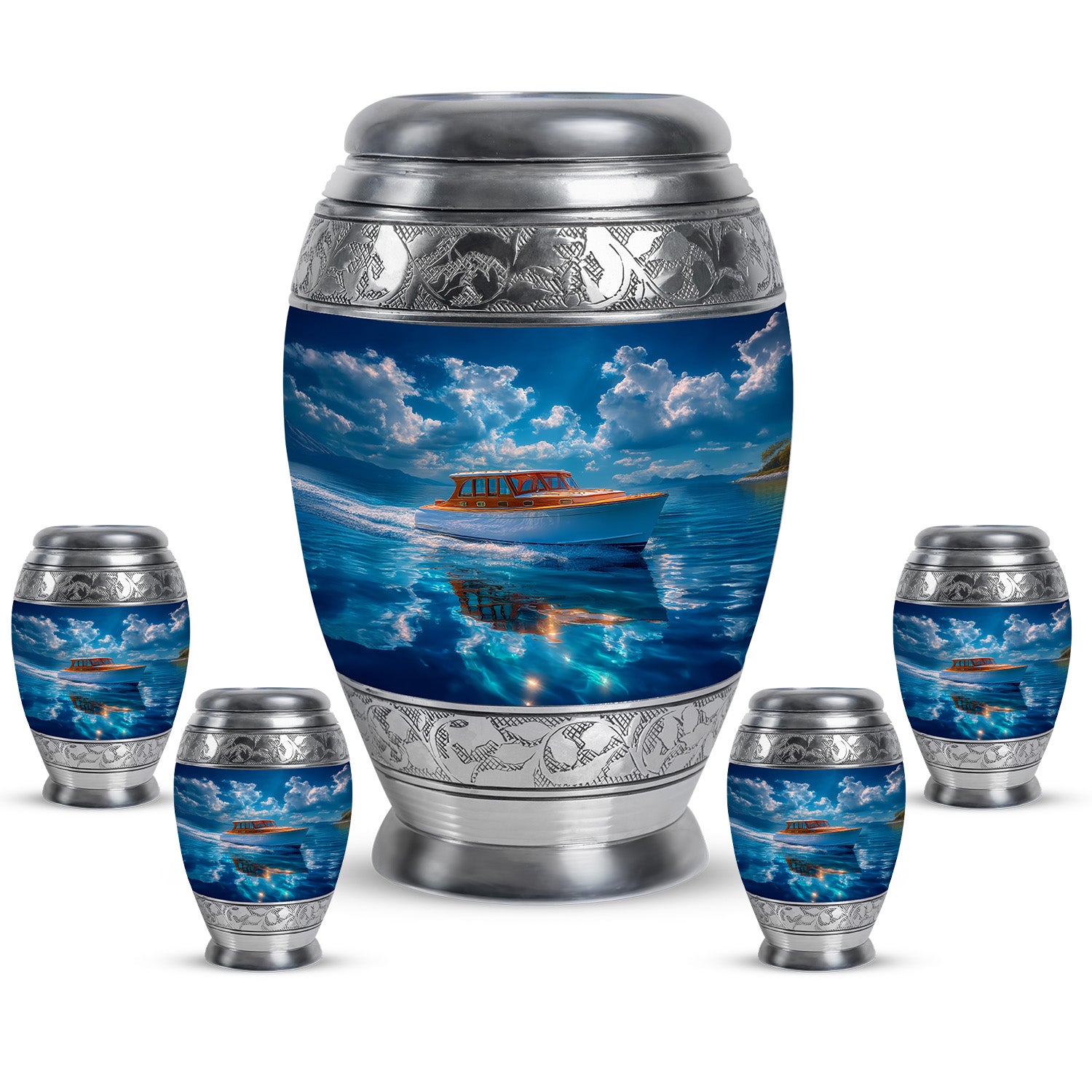 Celestial Blue Boat Cremation Urn detail view - regal boat design with crown-inspired accents - memorial set with one large and four small urns