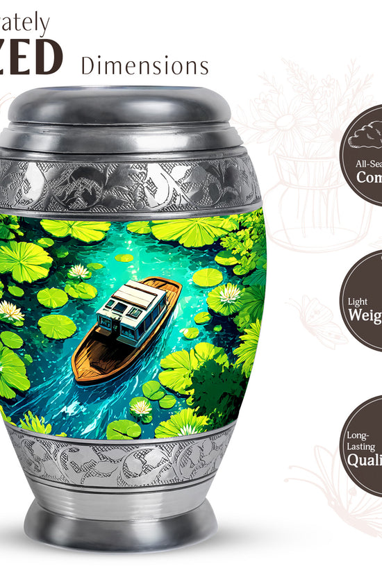 Powder Blue Boat Cremation Urn lifestyle display on memorial shelf - regal boat design with crown-inspired accents - mini keepsake memorial for portion of cremation ashes