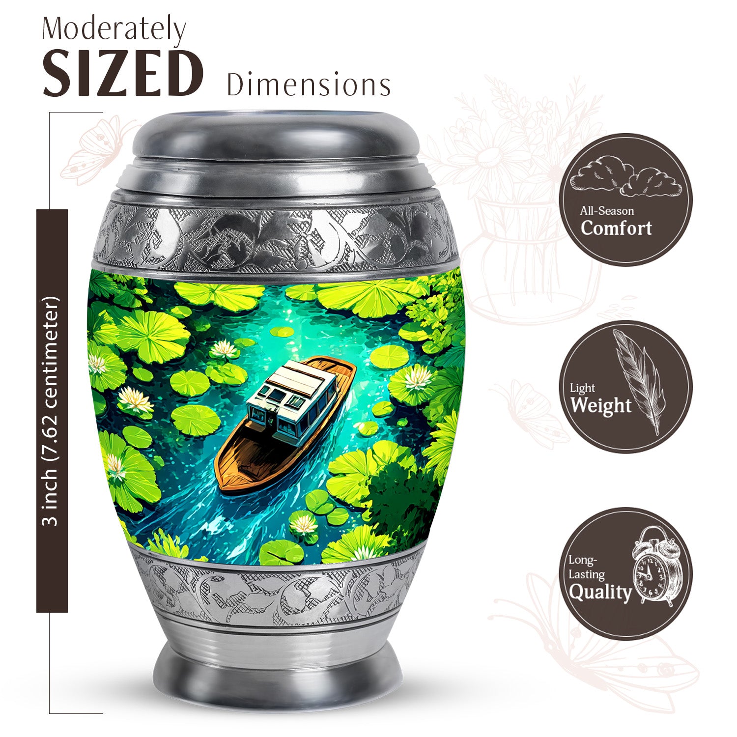 Powder Blue Boat Cremation Urn lifestyle display on memorial shelf - regal boat design with crown-inspired accents - mini keepsake memorial for portion of cremation ashes