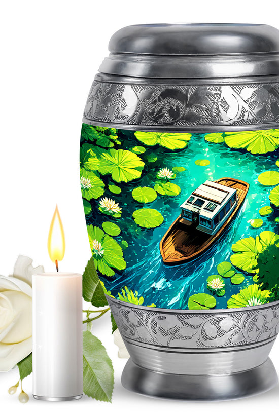 Icy Blue Boat Cremation Urn back view with polished surface - ornate monarch-style boat relief on brushed aluminum - full-size 10 inch 200 cubic inch adult cremation urn