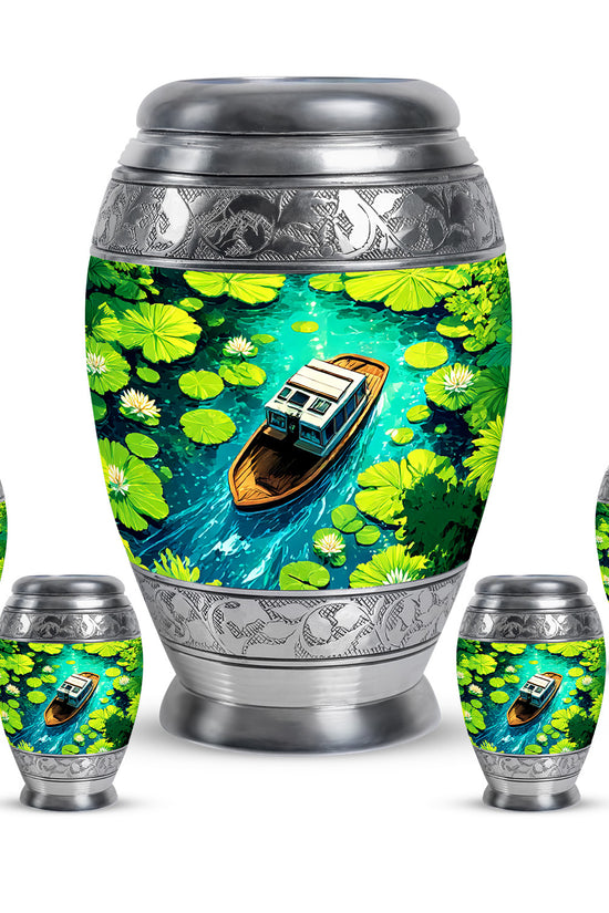 Celestial Blue Boat Cremation Urn detail view - regal boat design with crown-inspired accents - memorial set with one large and four small urns