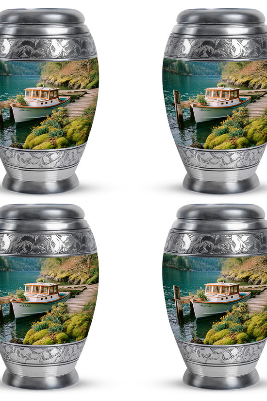 Mystic Teal Boat Cremation Urn urn with complimentary velvet bag - royal boat engraving with decorative scrollwork - 10 inch aluminum urn for cremated remains