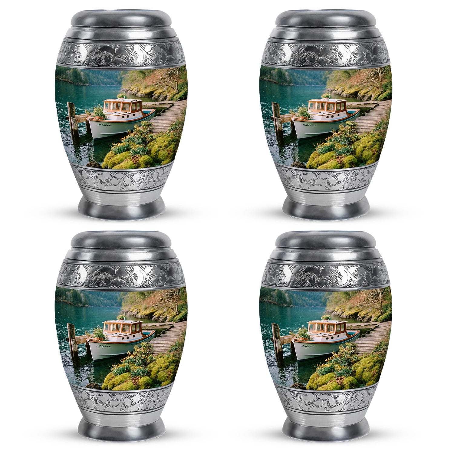 Mystic Teal Boat Cremation Urn urn with complimentary velvet bag - royal boat engraving with decorative scrollwork - 10 inch aluminum urn for cremated remains