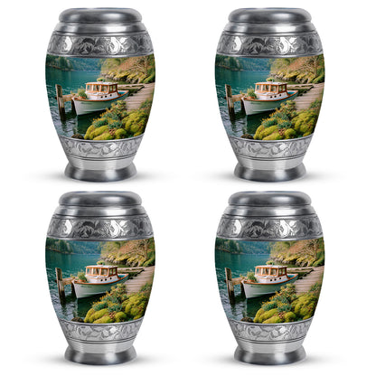 Mystic Teal Boat Cremation Urn urn with complimentary velvet bag - royal boat engraving with decorative scrollwork - 10 inch aluminum urn for cremated remains
