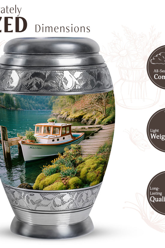 Tropical Teal Boat Cremation Urn lifestyle display on memorial shelf - majestic boat pattern with filigree border - mini keepsake memorial for portion of cremation ashes