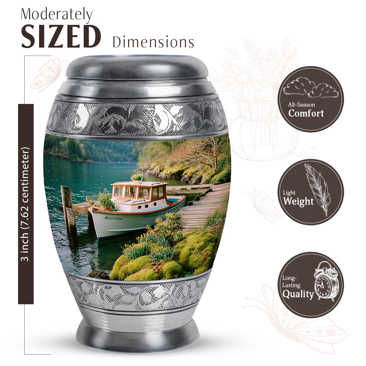 Tropical Teal Boat Cremation Urn lifestyle display on memorial shelf - majestic boat pattern with filigree border - mini keepsake memorial for portion of cremation ashes