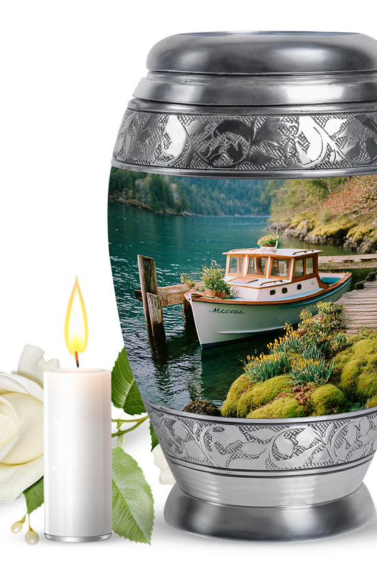 Sea Green Teal Boat Cremation Urn back view with polished surface - regal boat design with crown-inspired accents - full-size 10 inch 200 cubic inch adult cremation urn