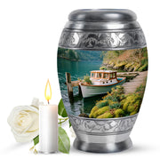 Sea Green Teal Boat Cremation Urn back view with polished surface - regal boat design with crown-inspired accents - full-size 10 inch 200 cubic inch adult cremation urn