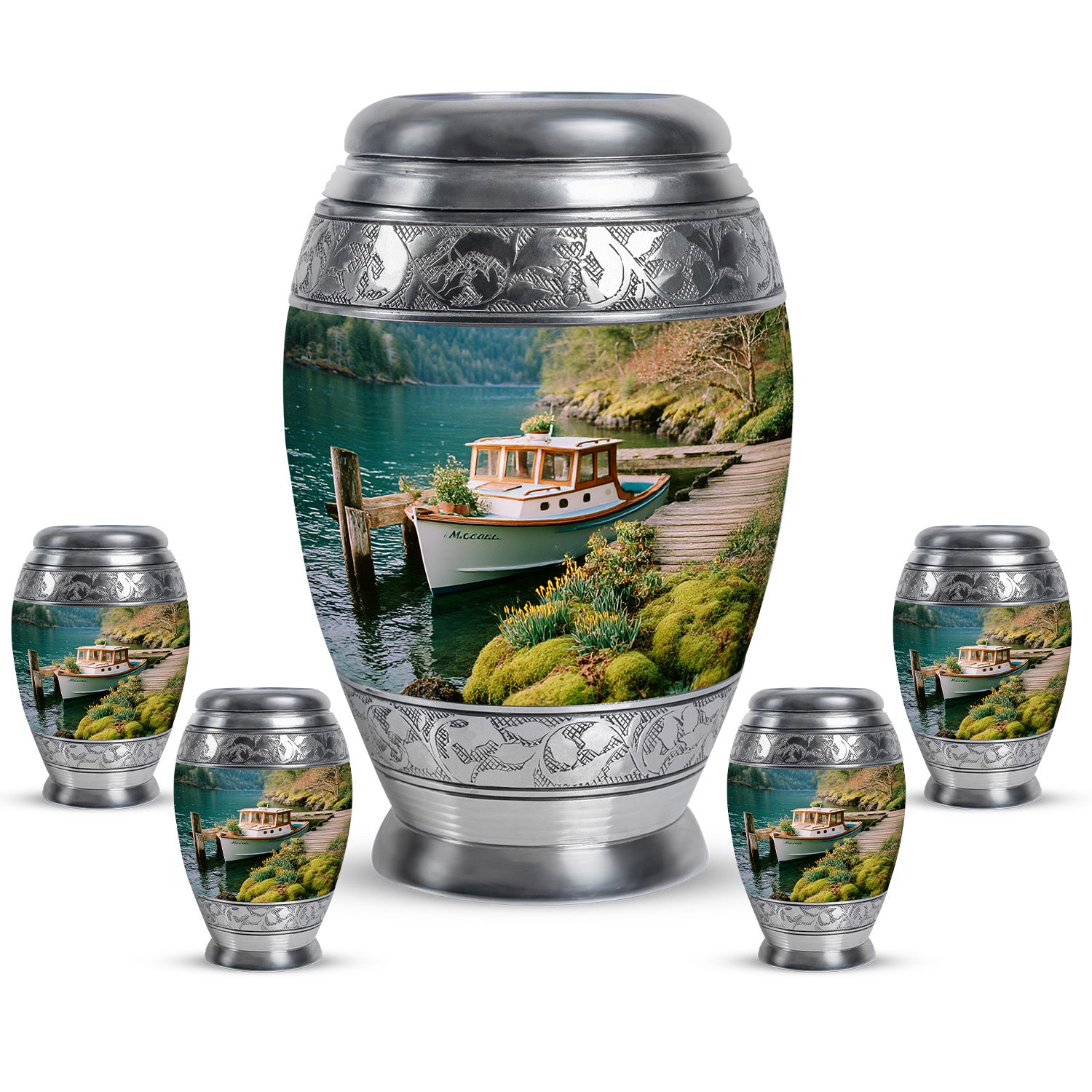 Ocean Teal Boat Cremation Urn detail view - regal boat design with crown-inspired accents - memorial set with one large and four small urns