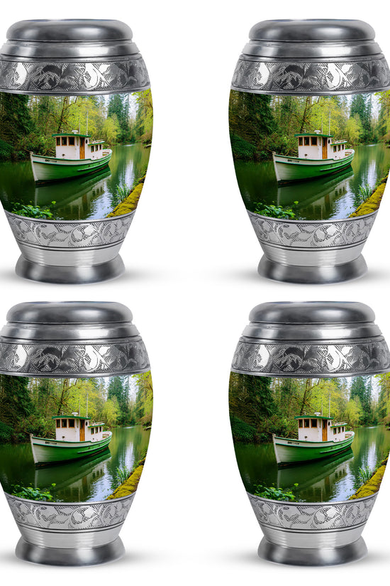 Jade Green Boat Cremation Urn urn with complimentary velvet bag - ornate monarch-style boat relief on brushed aluminum - 10 inch aluminum urn for cremated remains