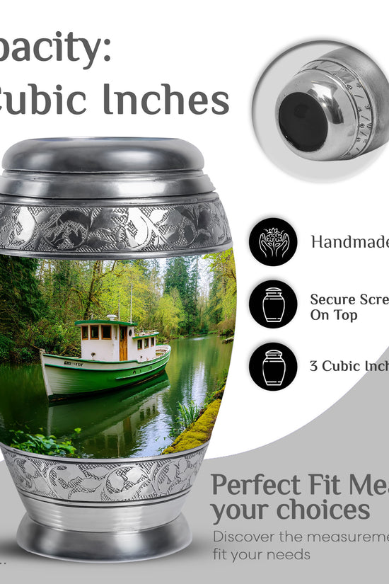 Mint Green Boat Cremation Urn lifestyle display on memorial shelf - majestic boat pattern with filigree border - mini keepsake memorial for portion of cremation ashes
