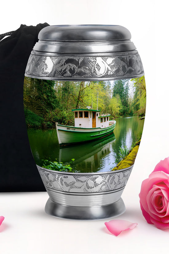 Emerald Green Boat Cremation Urn back view with polished surface - regal boat design with crown-inspired accents - full-size 10 inch 200 cubic inch adult cremation urn
