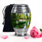 Emerald Green Boat Cremation Urn back view with polished surface - regal boat design with crown-inspired accents - full-size 10 inch 200 cubic inch adult cremation urn