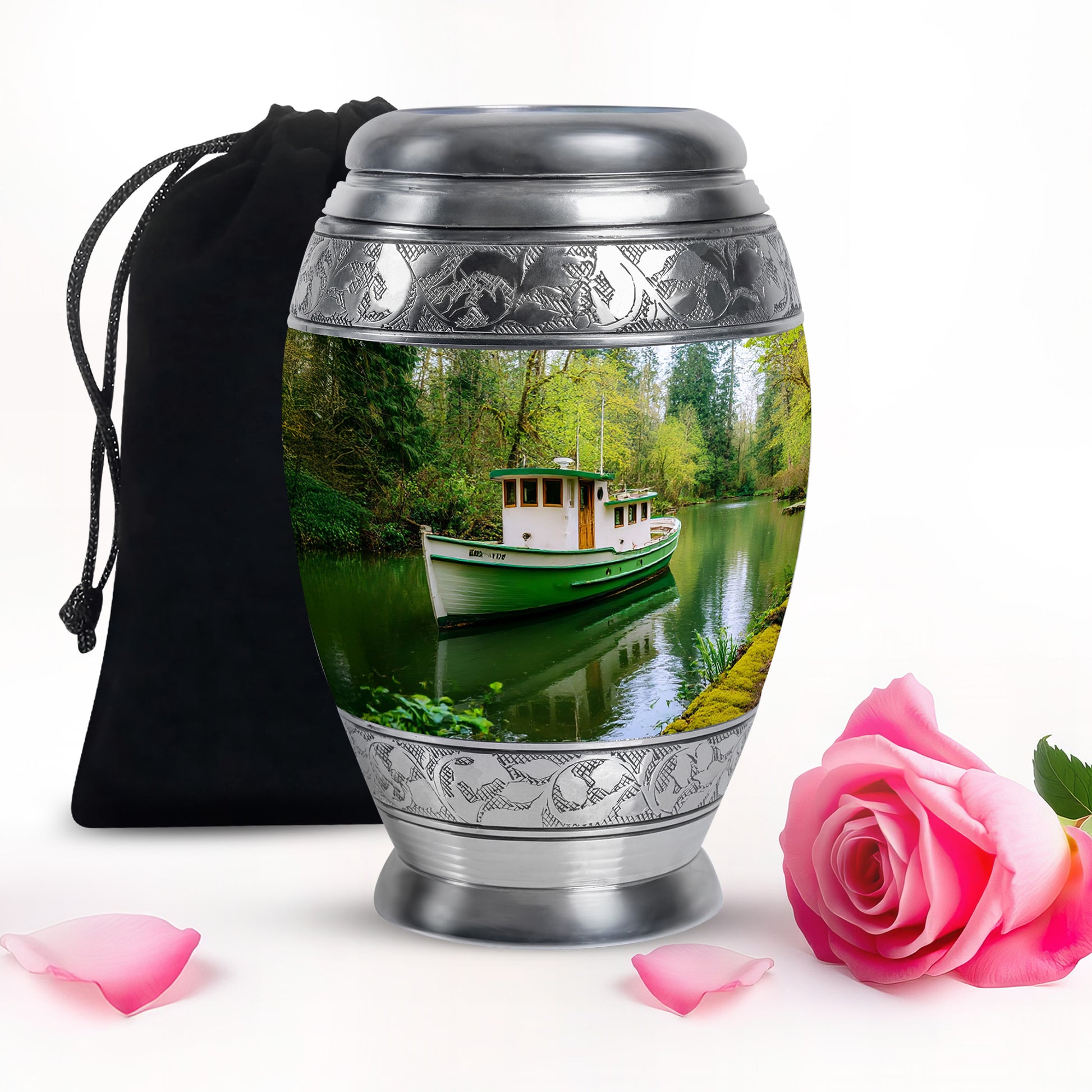 Emerald Green Boat Cremation Urn back view with polished surface - regal boat design with crown-inspired accents - full-size 10 inch 200 cubic inch adult cremation urn