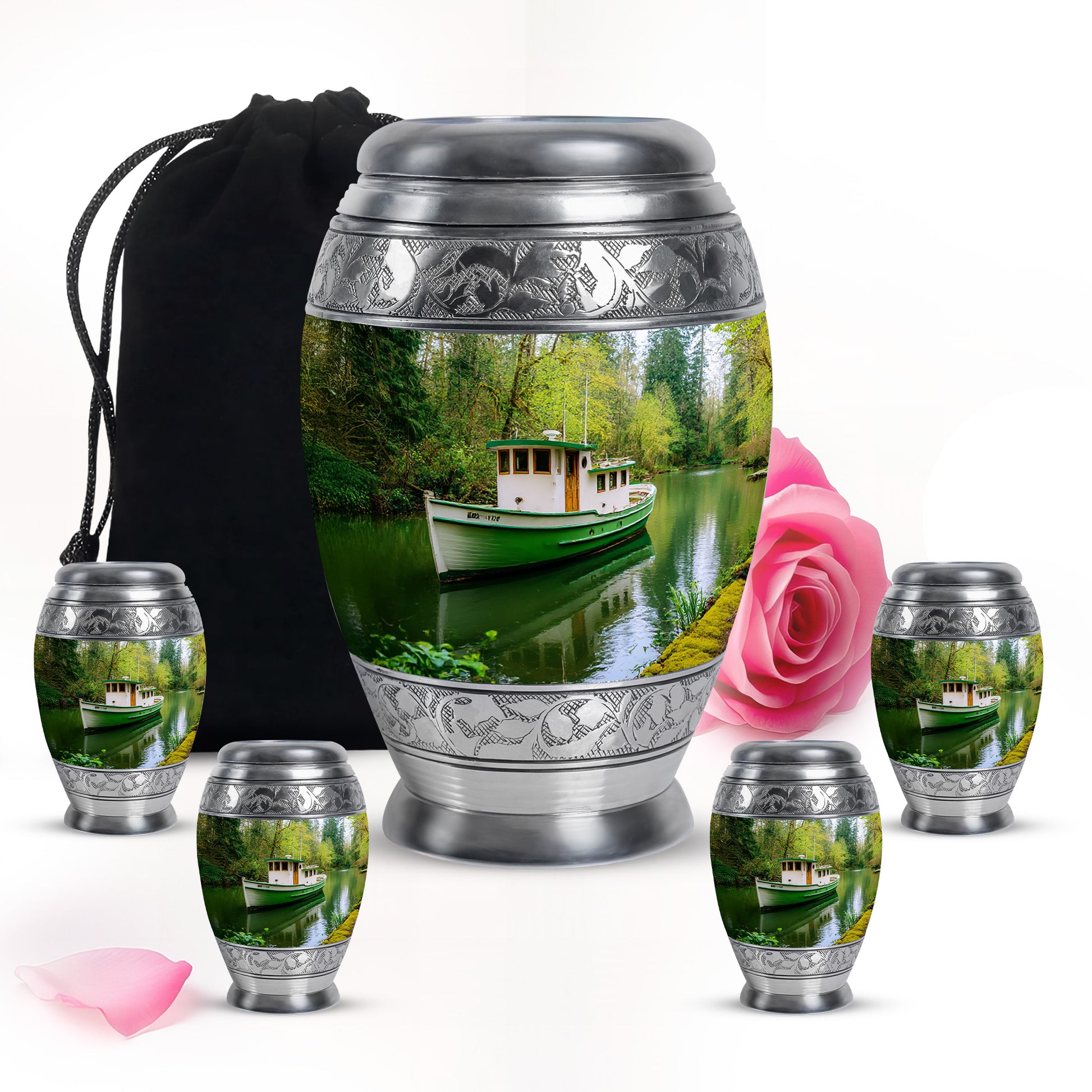 Sage Green Boat Cremation Urn detail view - regal boat design with crown-inspired accents - memorial set with one large and four small urns