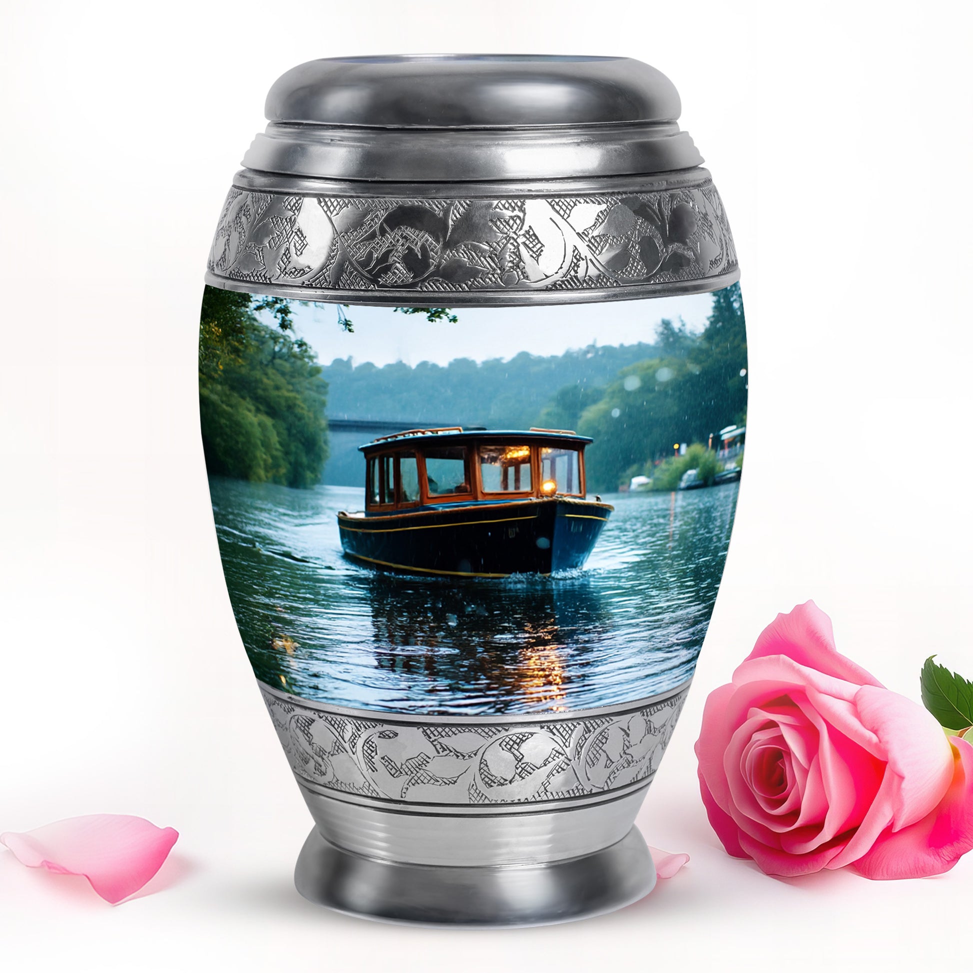 White Treasured Boat Cremation Urns for Human Ashes - 10-inch, 200 cu in - Karyliz