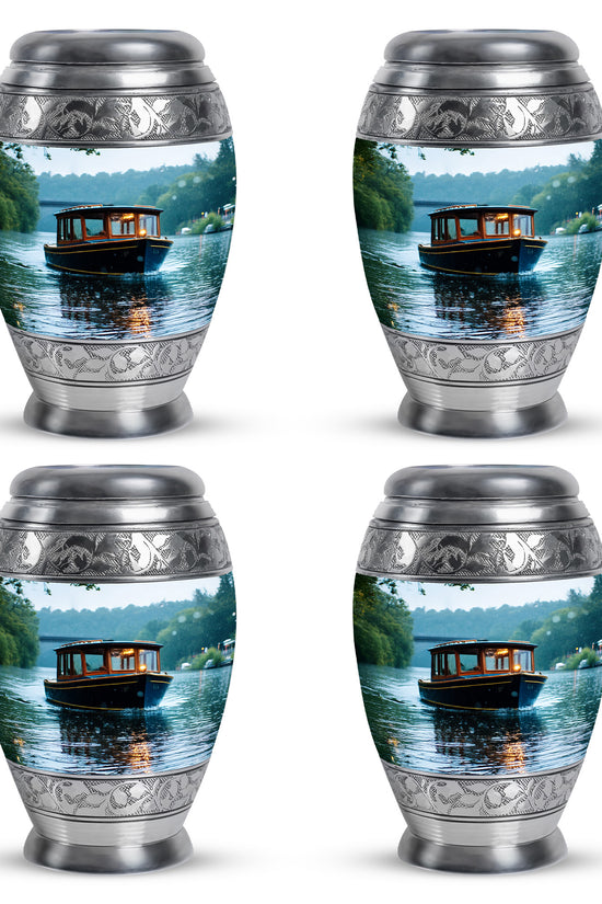 Pearl White Boat Cremation Urn urn with complimentary velvet bag - royal boat engraving with decorative scrollwork - 10 inch aluminum urn for cremated remains
