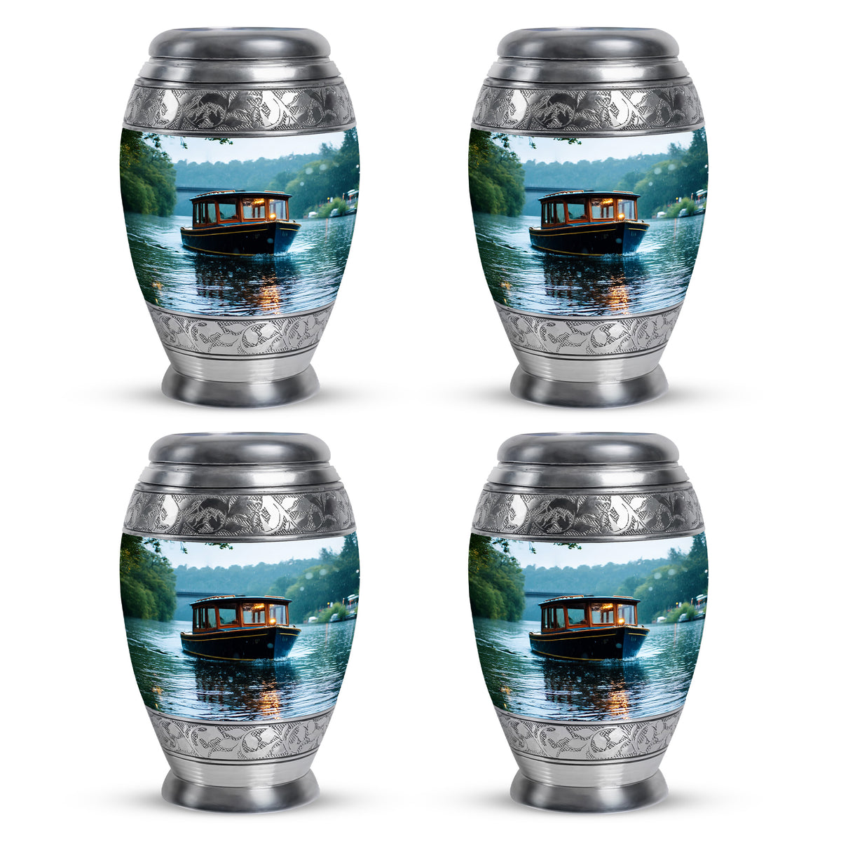 Pearl White Boat Cremation Urn urn with complimentary velvet bag - royal boat engraving with decorative scrollwork - 10 inch aluminum urn for cremated remains
