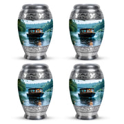 Pearl White Boat Cremation Urn urn with complimentary velvet bag - royal boat engraving with decorative scrollwork - 10 inch aluminum urn for cremated remains