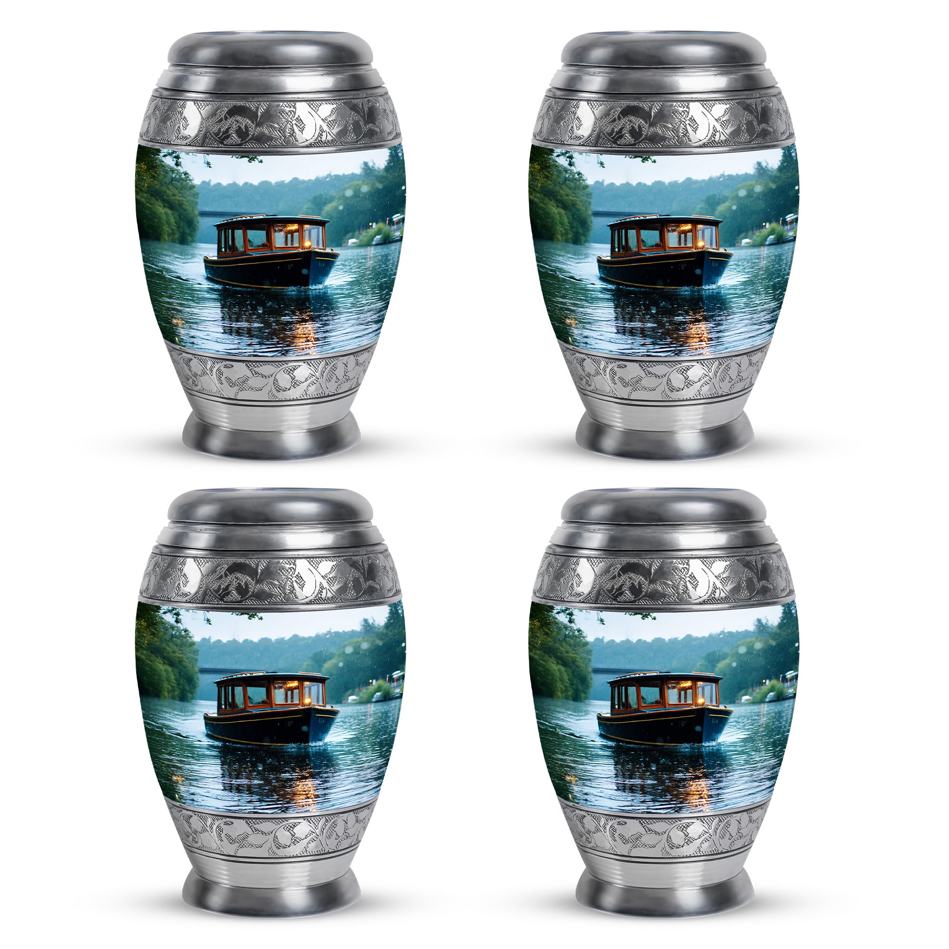 Pearl White Boat Cremation Urn urn with complimentary velvet bag - royal boat engraving with decorative scrollwork - 10 inch aluminum urn for cremated remains