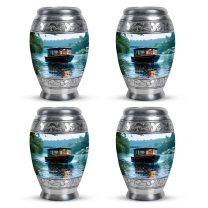 Pearl White Boat Cremation Urn urn with complimentary velvet bag - royal boat engraving with decorative scrollwork - 10 inch aluminum urn for cremated remains