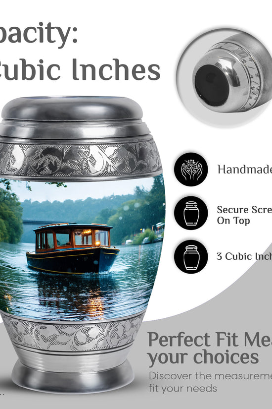Snow White Boat Cremation Urn lifestyle display on memorial shelf - ornate monarch-style boat relief on brushed aluminum - mini keepsake memorial for portion of cremation ashes