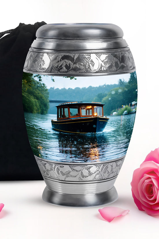 Cream White Boat Cremation Urn back view with polished surface - majestic boat pattern with filigree border - full-size 10 inch 200 cubic inch adult cremation urn