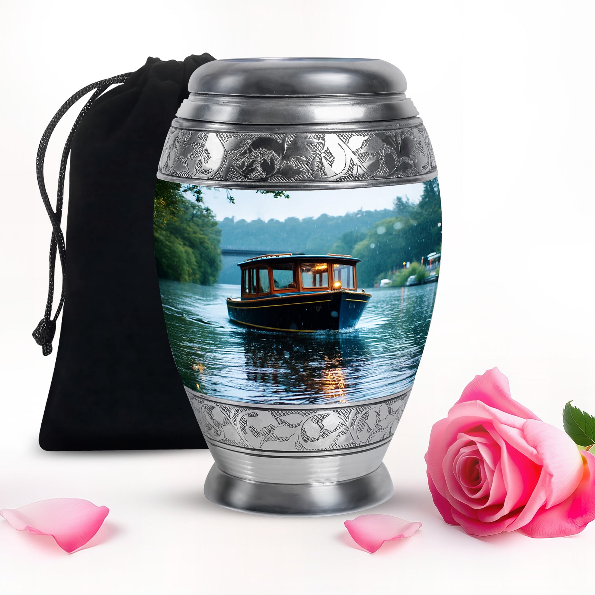 Cream White Boat Cremation Urn back view with polished surface - majestic boat pattern with filigree border - full-size 10 inch 200 cubic inch adult cremation urn