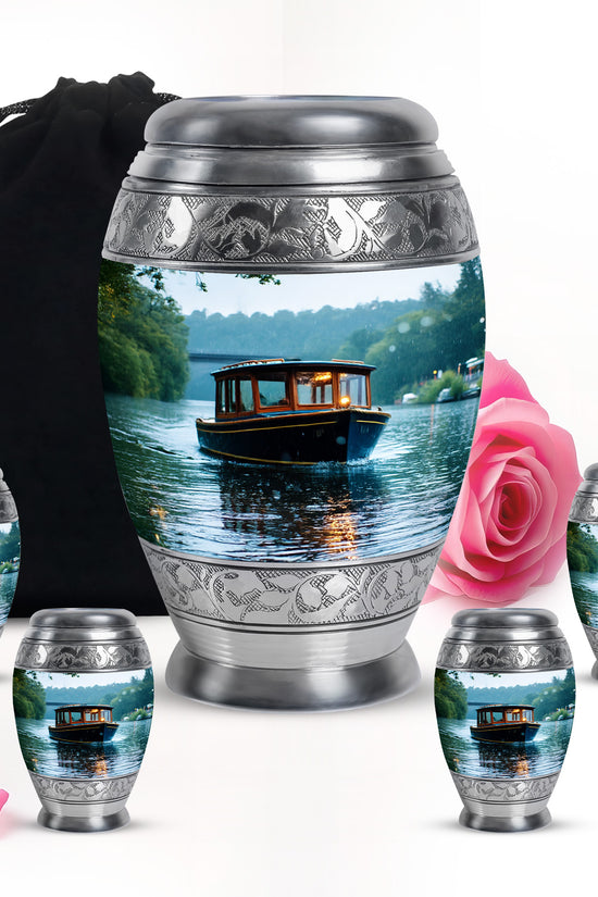 Pure White Boat Cremation Urn detail view - regal boat design with crown-inspired accents - memorial set with one large and four small urns