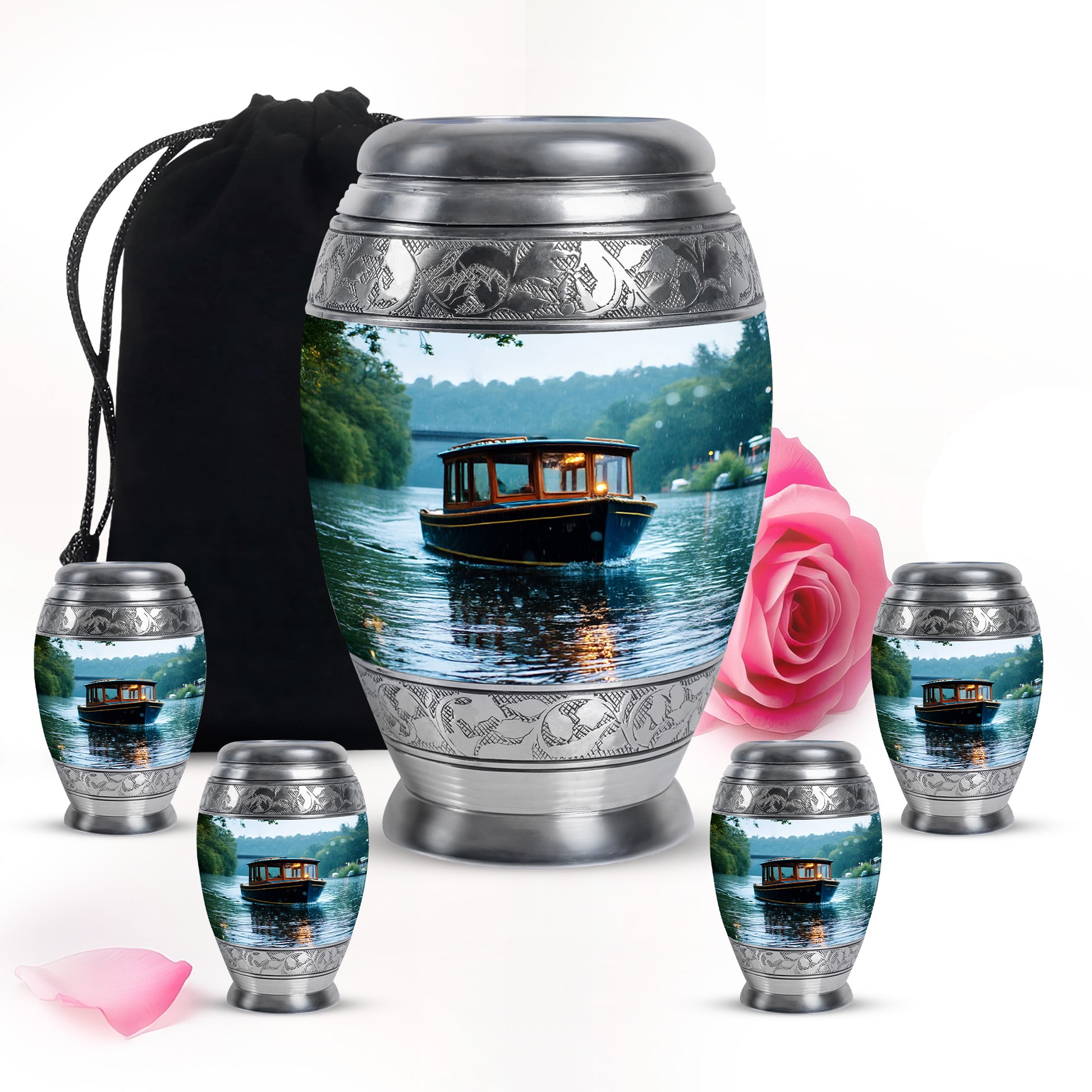 Pure White Boat Cremation Urn detail view - regal boat design with crown-inspired accents - memorial set with one large and four small urns
