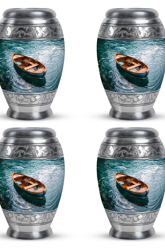 Aqua Teal Boat Cremation Urn urn with complimentary velvet bag - majestic boat pattern with filigree border - 10 inch aluminum urn for cremated remains