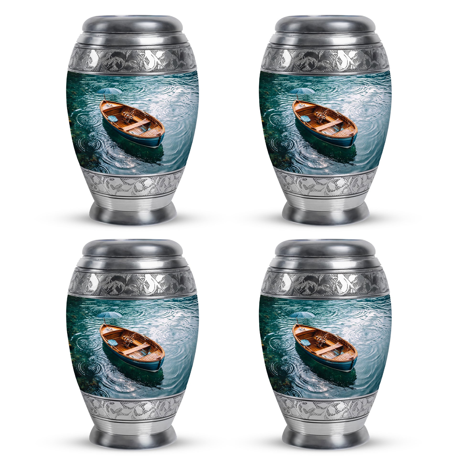Aqua Teal Boat Cremation Urn urn with complimentary velvet bag - majestic boat pattern with filigree border - 10 inch aluminum urn for cremated remains