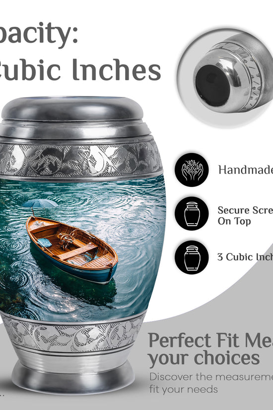 Aqua Teal Boat Cremation Urn lifestyle display on memorial shelf - royal boat engraving with decorative scrollwork - mini keepsake memorial for portion of cremation ashes