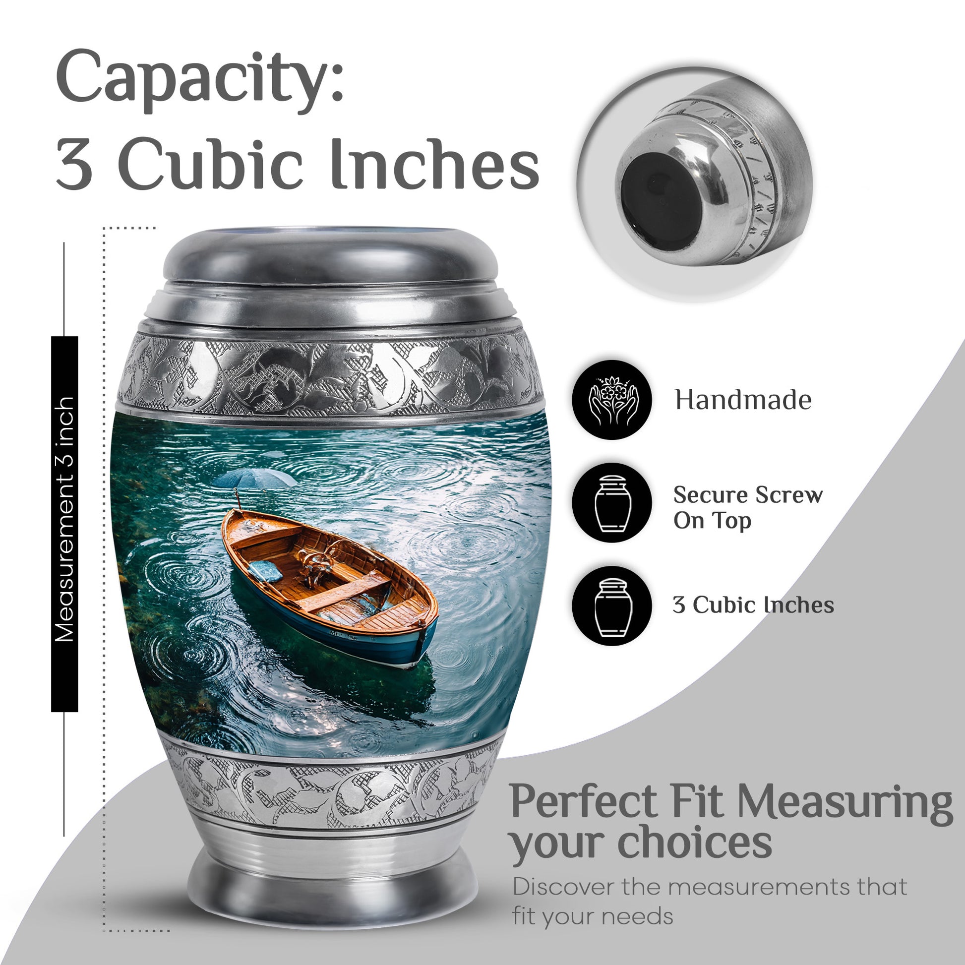Aqua Teal Boat Cremation Urn lifestyle display on memorial shelf - royal boat engraving with decorative scrollwork - mini keepsake memorial for portion of cremation ashes