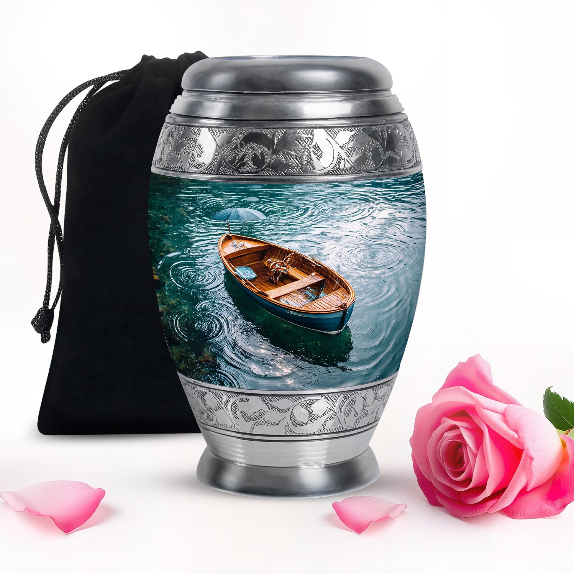 Soft Teal Boat Cremation Urn back view with polished surface - ornate monarch-style boat relief on brushed aluminum - full-size 10 inch 200 cubic inch adult cremation urn